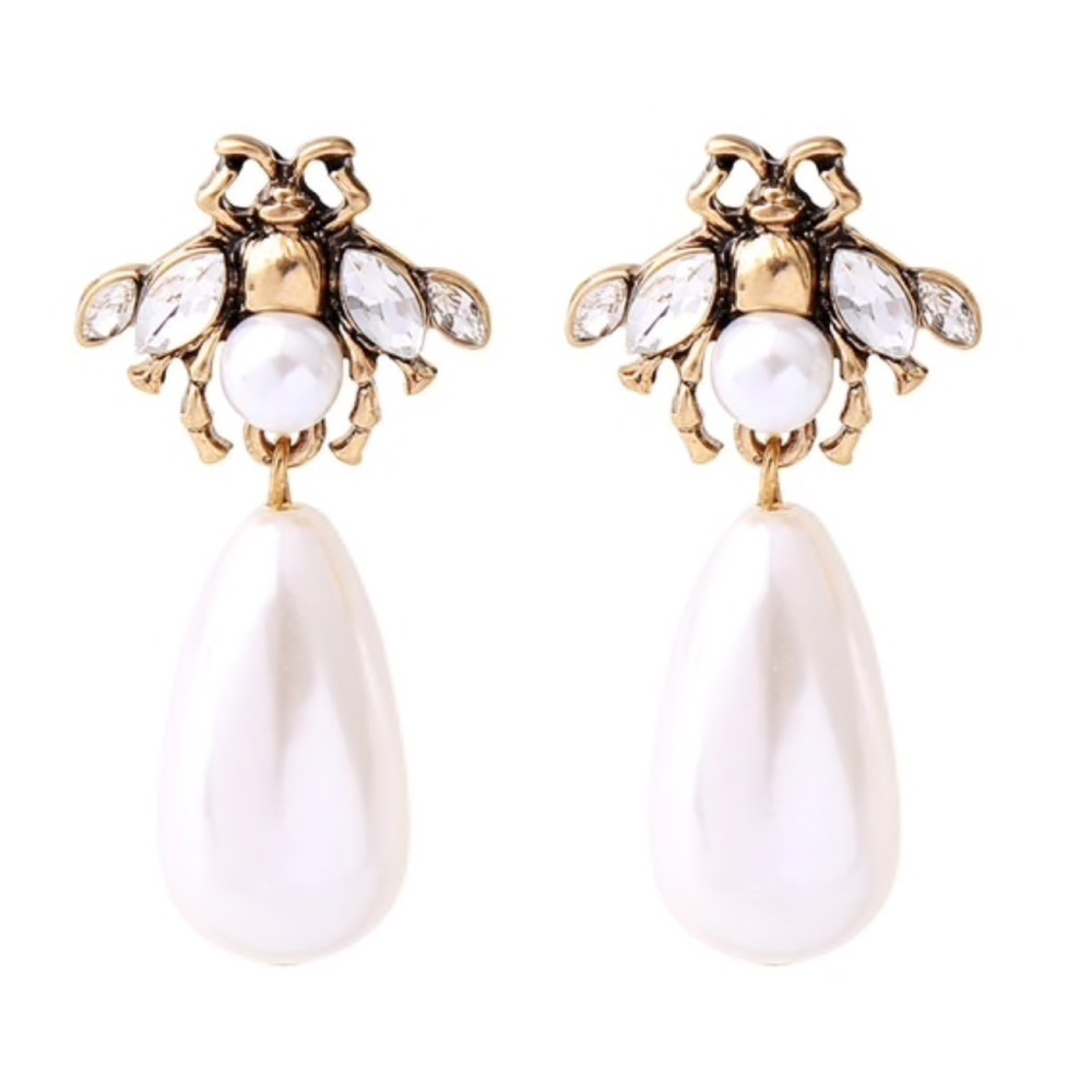 Brass Bee Pearl Teardrop Earrings